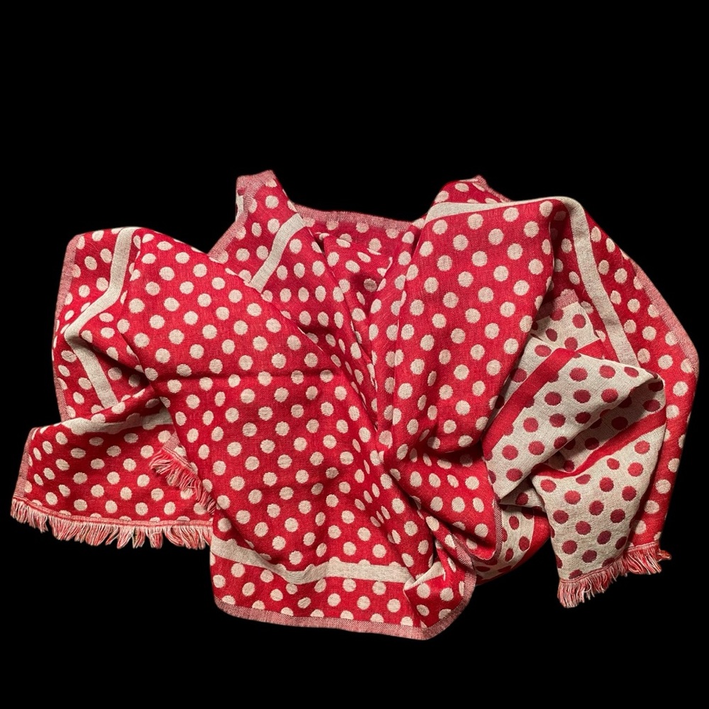FURLA Scarf | 100% Wool | Italy | Polka Dot | Red & Natural Woolen White